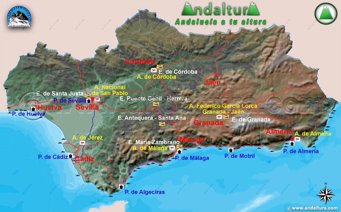 Mapa de Andalucía Infraesctructura de carreteras, aeropuertos y puertos