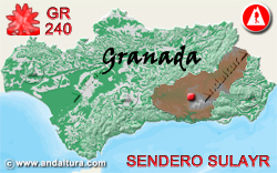Mapa de Andalucía con la situación del Tramo Centro de Visitantes El Dornajo - Río Monachil del Gran Recorrido GR 240 Sendero Sulayr
