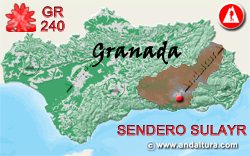 Mapa de Andalucía con la situación del Tramo Los Pradillos - Prados de Granada del Gran Recorrido GR 240 Sendero Sulayr