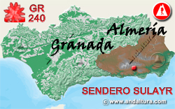 Mapa de Andalucía con la situación del Tramo Mirador de la Llanada - Arroyo del Palancón del Gran Recorrido GR 240 Sendero Sulayr