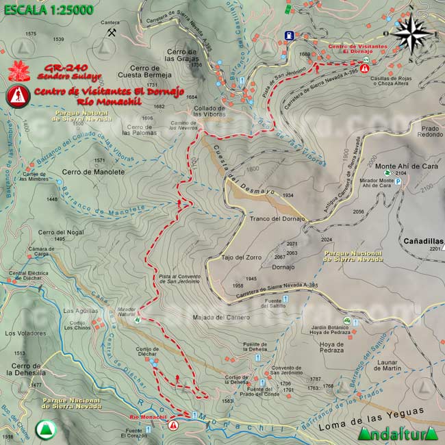 Mapa Topográfico y georefenciado de la Ruta de Senderismo del Gran Recorrido GR 240 Sendero Sulayr por Sierra Nevada, a escala 1:25000 del Tramo Centro de Visitantes El Dornajo - Río Monachil
