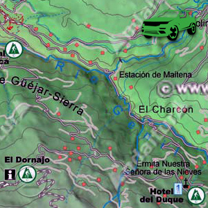 Accesos - como llegar - al punto de inicio de las rutas de senderismo desde Güéjar-Sierra: Recorte Mapa Cartográfico