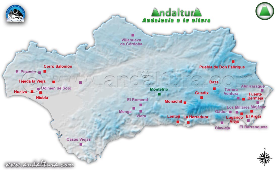 Mapa de Andalucía y yacimientos de la Edad del Cobre y del Bronce