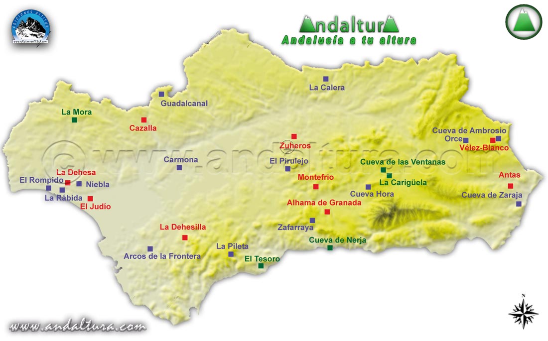 Mapa de Andalucía y yacimientos del Paleolítico y Neolítico