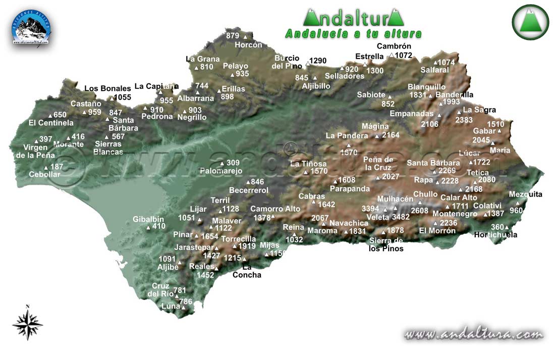 Mapa de los principales Picos y Vértices Geodésicos con su altura de Andalucía