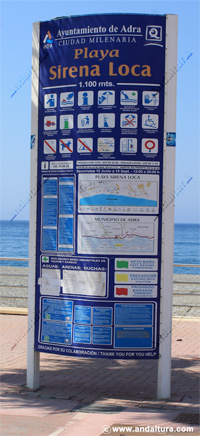 Cartel de la playa urbana de Sirena Loca - Guía de Playas de Adra