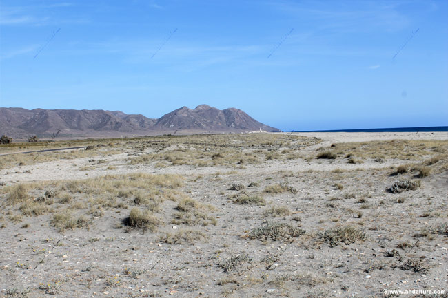 Dunas en la Playa de las Salinas del Cabo de Gata, al fondo, La Almadraba de Monteleva y la Sierra de Gata: Cerro de la Testa y Cerro de San Miguel