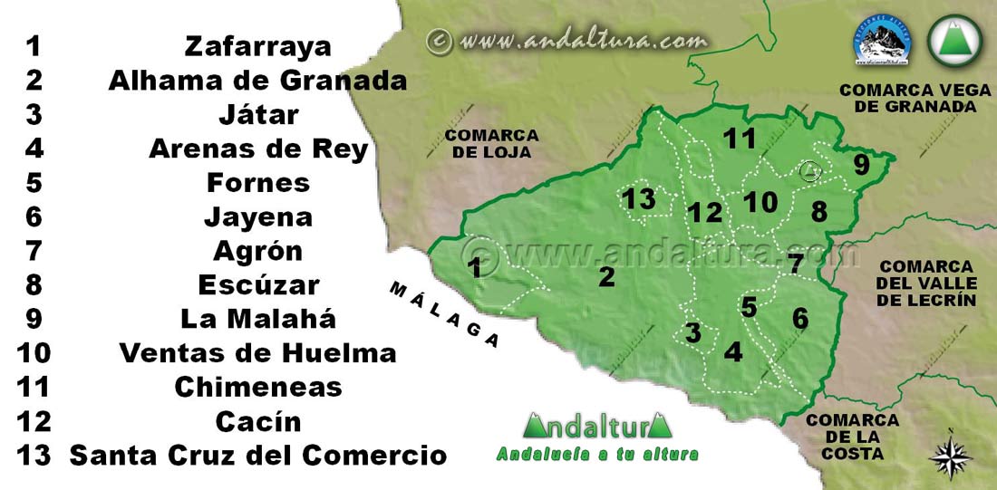 Mapa de los Municipios de la Comarca Alhama de Granada