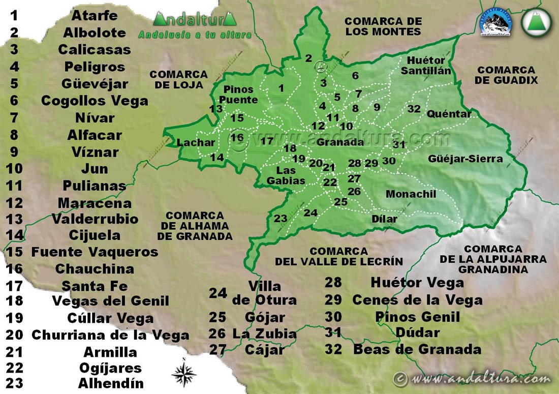 Mapa de los Municipios de la Comarca Vega de Granada