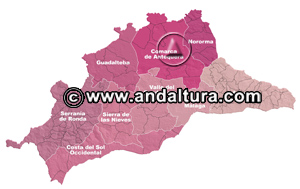 Mapa de las Comarcas de Málaga para acceder a los contenidos de cada una de ellas