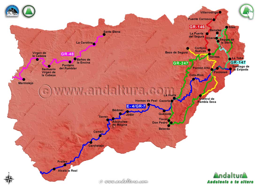 Mapa de Jaén con los Grandes Recorridos de recorren la provincia jienense