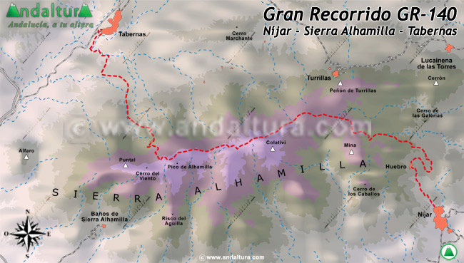 Mapa del Gran Recorrido GR-140 por la Sierra Alhamilla en la provincia de Almería