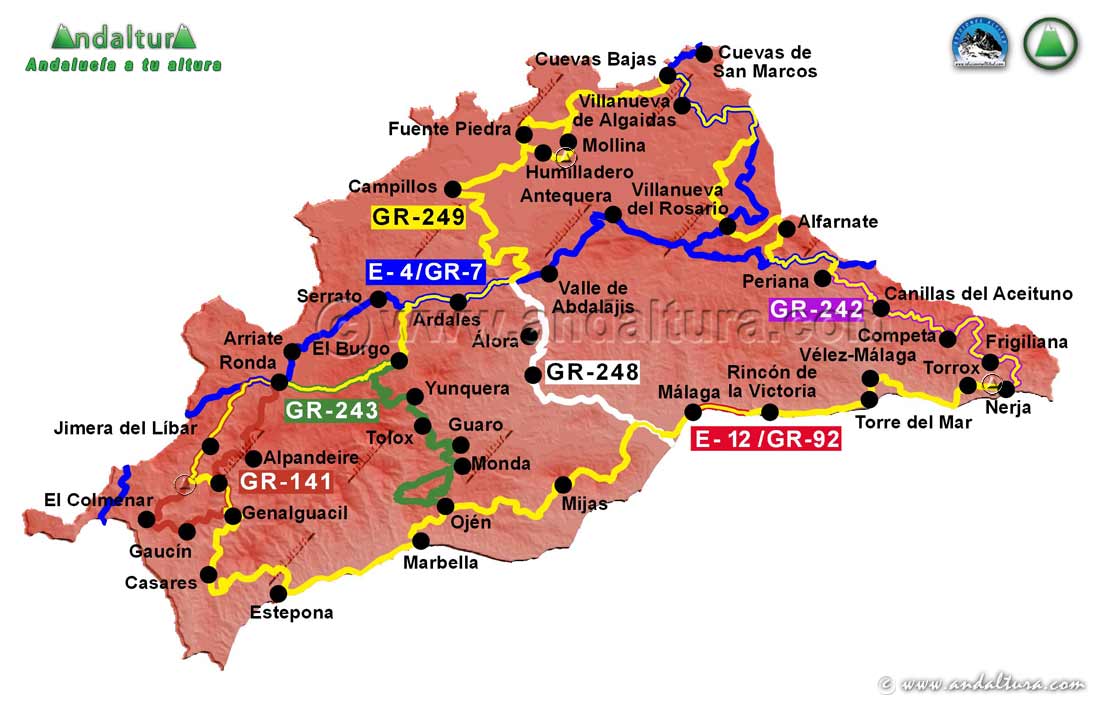 Mapa de Malaga con los Grandes Recorridos de recorren la provincia malagueña