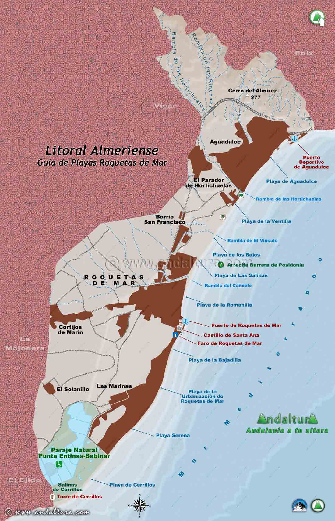 Mapa del Litoral y Guía de Playas de Roquetas de Mar