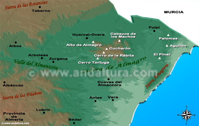 Recorte del Mapa de Almería y la Situación de la Sierra de Almagro, Sierra de los Pinos y Sierra del Aguilón