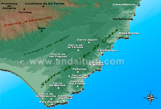 Recorte del Mapa de Almería y la Situación de la Sierra de Cabo de Gata