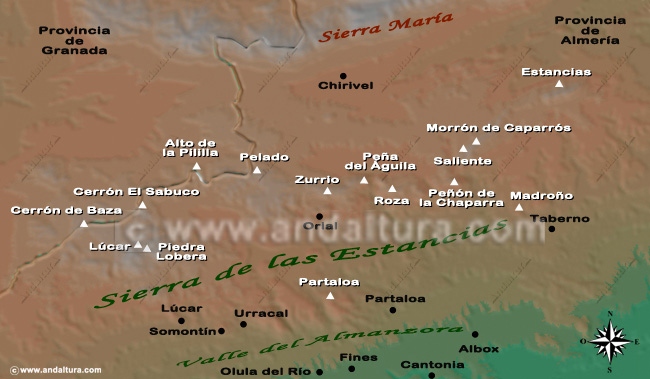 Recorte del Mapa de Almería y la Situación de la Sierra de las Estancias