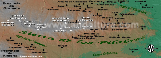 Recorte del Mapa de Almería y la Situación de la Sierra de los Filabres