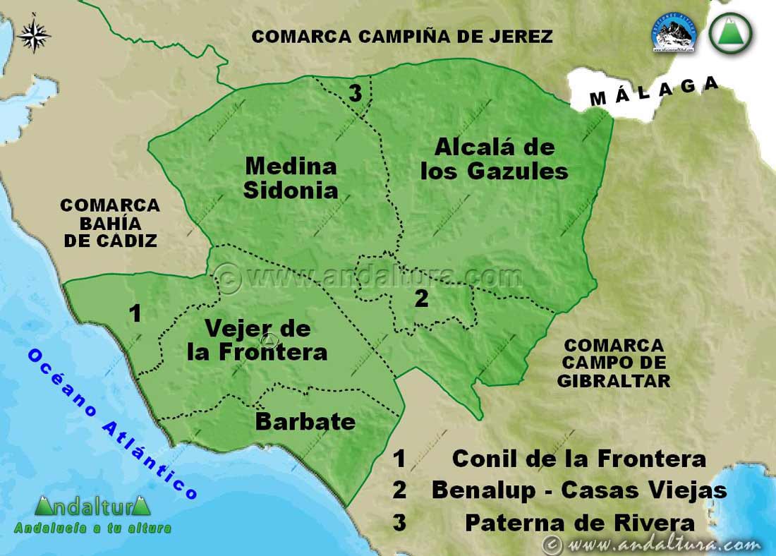Mapa de los Municipios de la Comarca La Janda de Cádiz