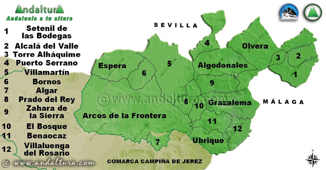 Mapa de los Municipios de la Comarca Sierra de Cádiz