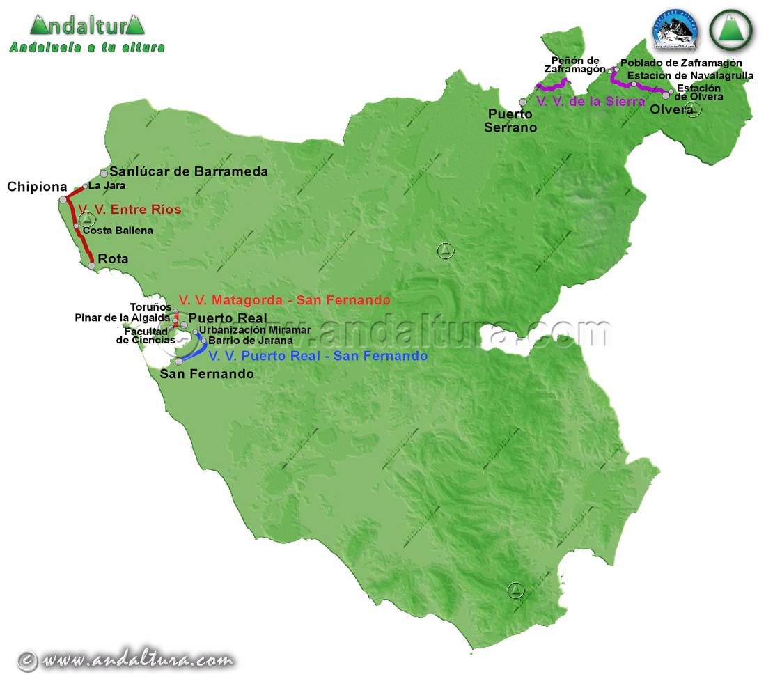 Mapa de las Vías Verdes de la Provincia de Cádiz