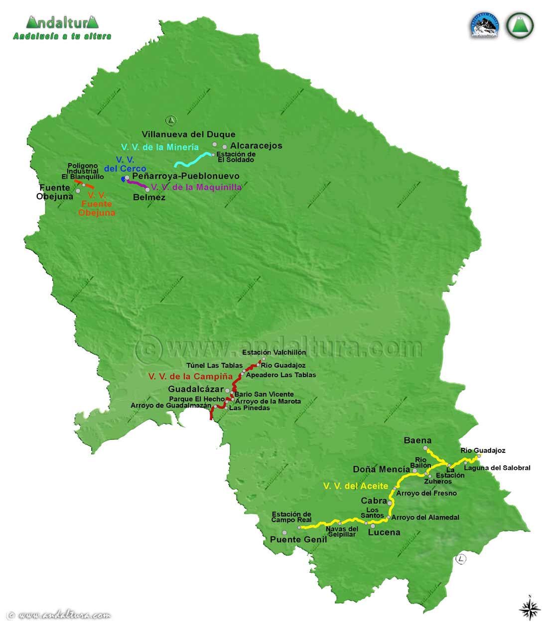 Mapa de las Vías Verdes de la Provincia de Córdoba
