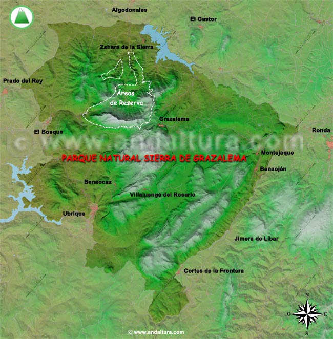 Mapa y Plano de la Sierra de Grazalema: Pueblos y Áreas de Reserva de la Sierra de Grazalema