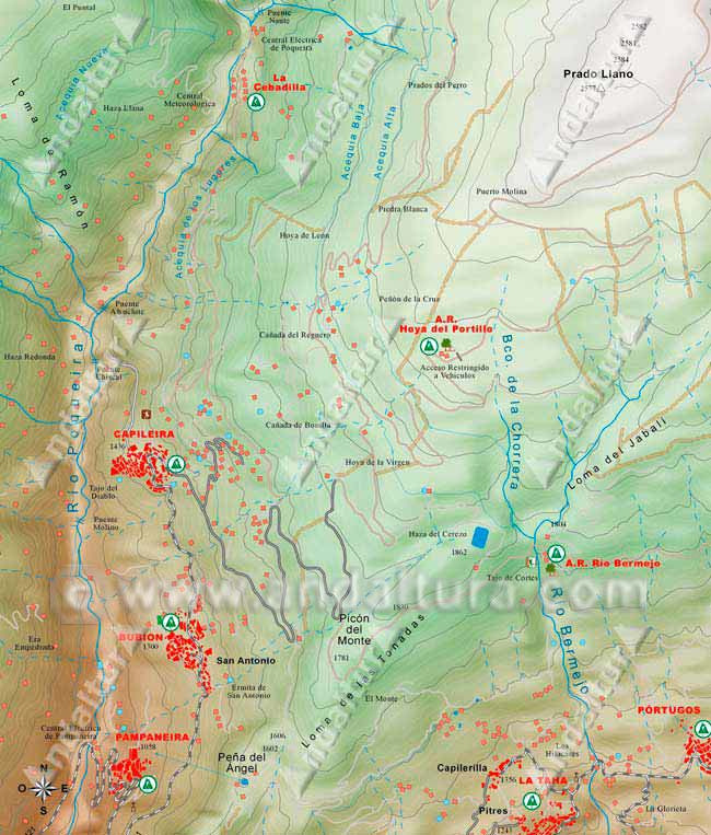 Mapa situación de Capileira y el Barranco del Poqueira y las principales zonas de inicio de las Rutas de Senderismo
