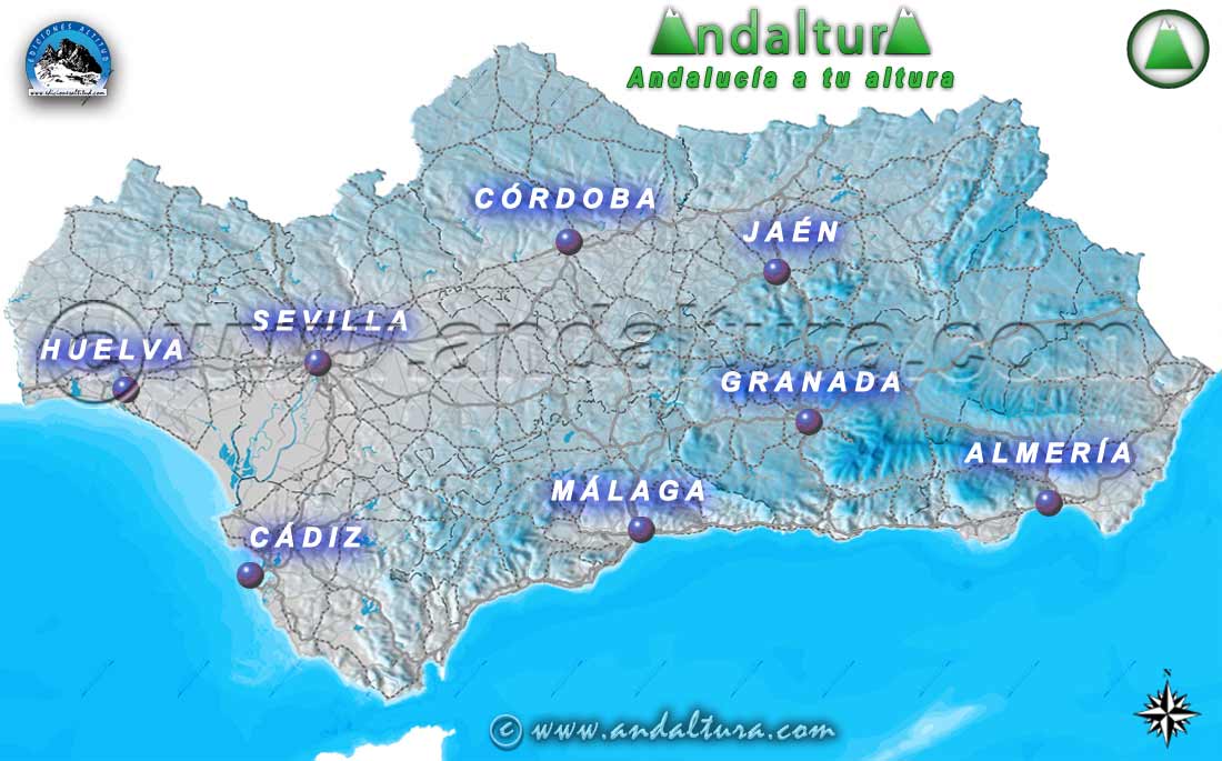 Mapa de Capitales y principales carreteras de Andalucía