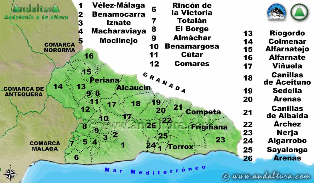 Mapa de los Municipios de la Comarca Axarquía