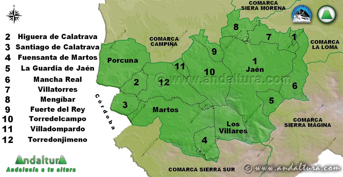 Mapa de los Municipios de la Comarca Área Metropolitana de Jaén