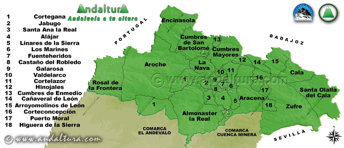 Mapa de los Municipios de la Comarca Sierra de Huelva