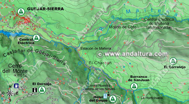 Mapa de Güéjar-Sierra y el inicio a las principales rutas de Senderismo