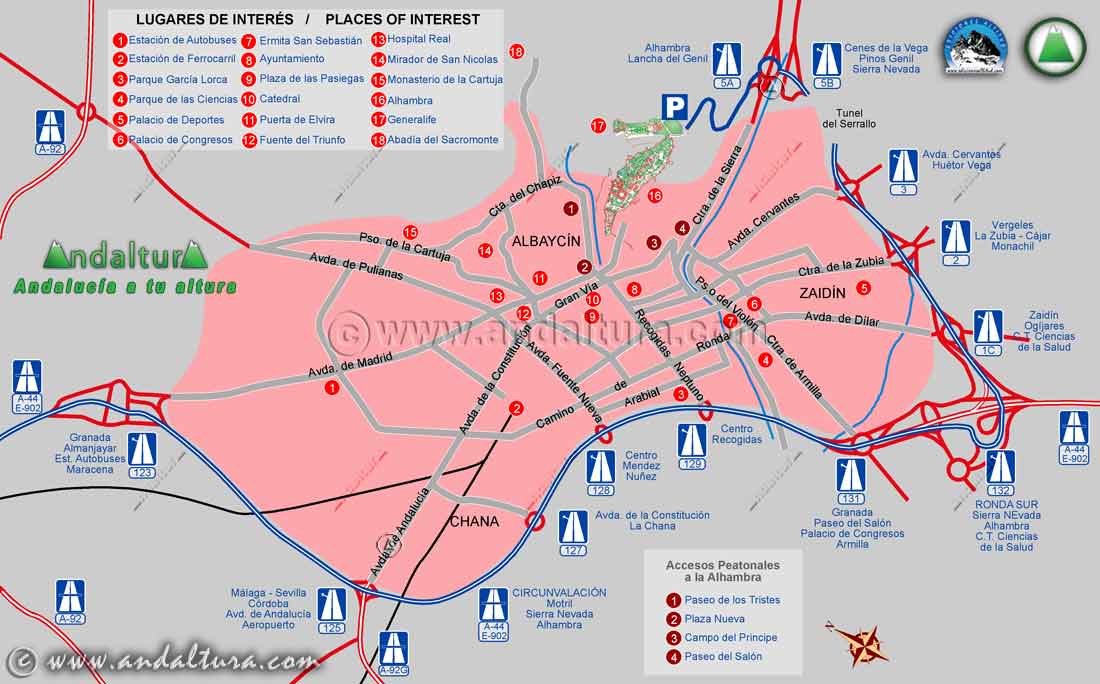 Mapa de los accesos en coche a Granada desde la Circunvalación