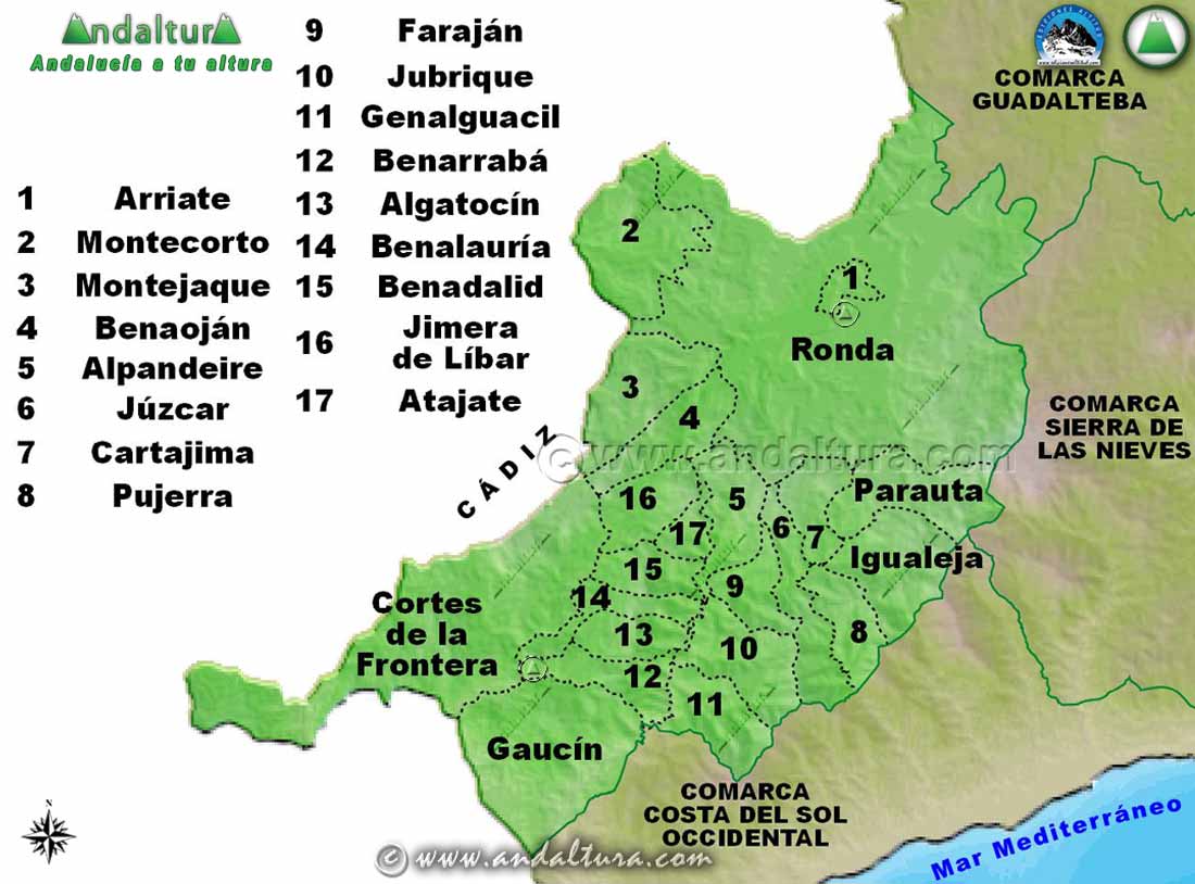 Mapa de los Municipios de la Comarca Serranía de Ronda