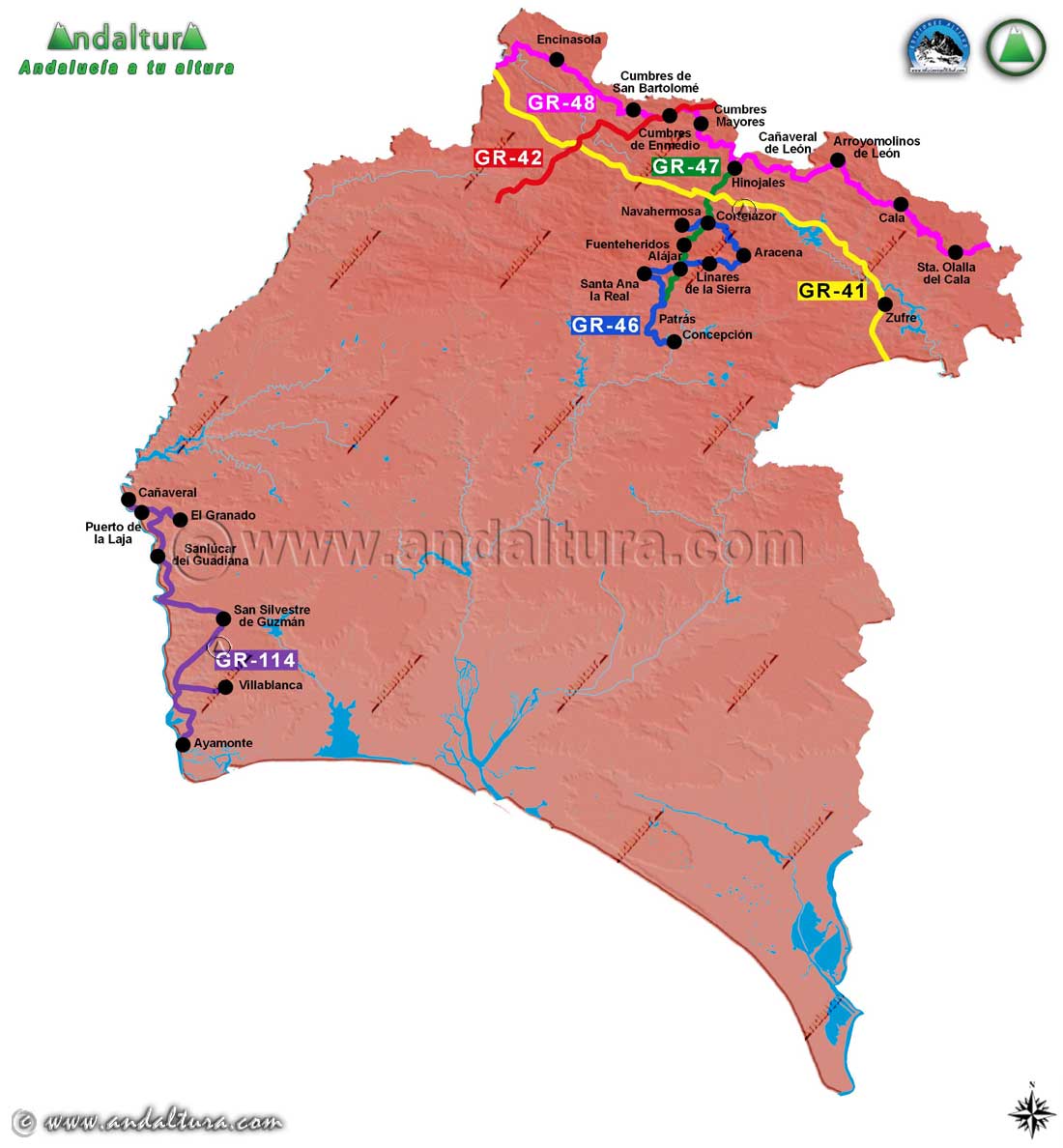 Mapa de los Grandes Recorridos GR por la provincia de Huelva