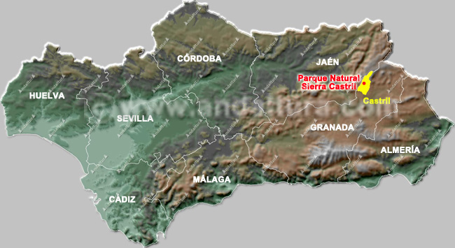 Mapa de Andalucía con la situación de la localidad de Castril y el Parque Natural Sierra de Castril
