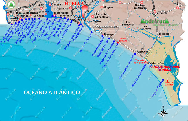 Mapa de situación de las principales Playas de Huelva
