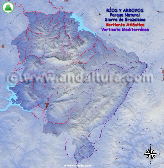 Mapa del Parque Natural Sierra de Grazalema: Ríos y arroyos - Mapa de las vertientes de los ríos y arroyos de montaña de la Sierra de Grazalema