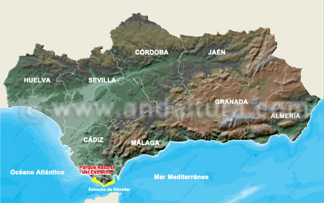 Mapa de Andalucía con la situación del Parque Natural del Estrecho