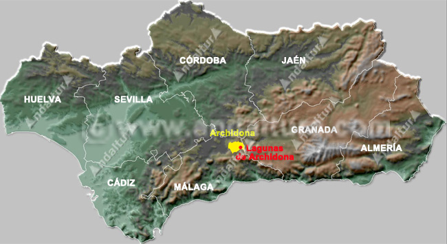 Mapa de Andalucía con la situación de la localidad de Archdona y la Reserva Natural Lagunas de Archidona