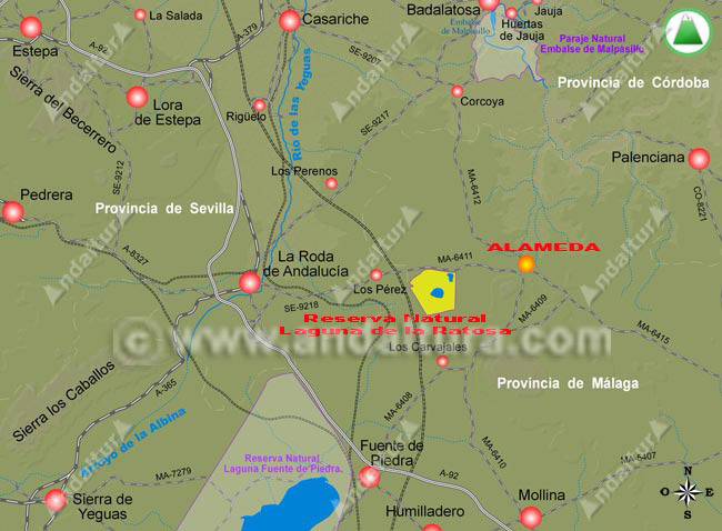 Mapa de accesos a Alameda y la Reserva Natural Laguna de la Ratosa