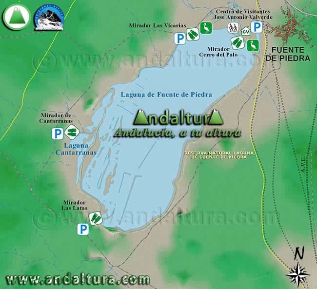 Mapa y Plano de la Laguna de Fuente de Piedra y las infraestructuras de la Reserva Natural