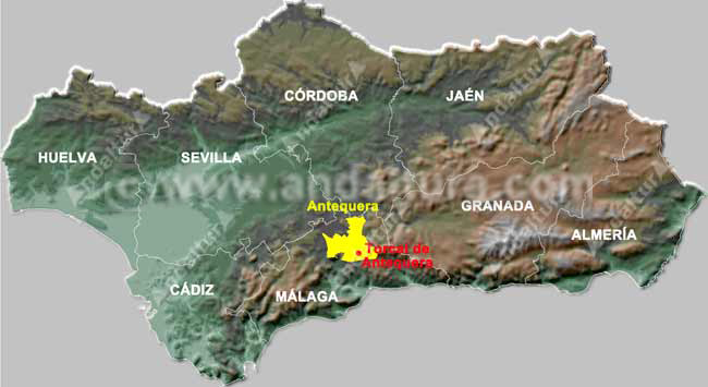 Mapa de Andalucía con la situación de la localidad de Antequera y el Paraje Natural Torcal de Antequera