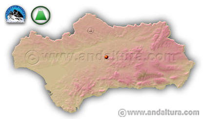 Mapa de Andalucía con el centro geográfico de la Comunidad