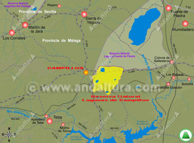 Mapa de accesos a Campillos y la Reserva Natural Lagunas de Campillos