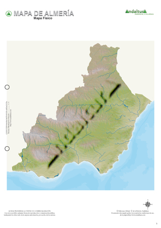 Mapa mudo de Almería - Mapa didáctico de Almería - Mapa mudo ríos y embalses Almería - Mapa físico ríos y embalses Almería