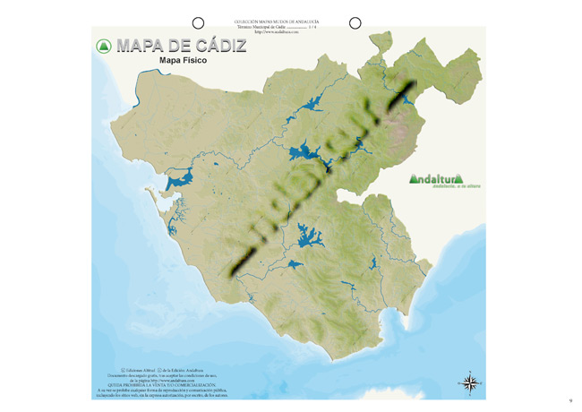 Mapa mudo de Cádiz - Mapa didáctico de Cádiz - Mapa mudo ríos y embalses Cádiz - Mapa físico ríos y embalses Cádiz