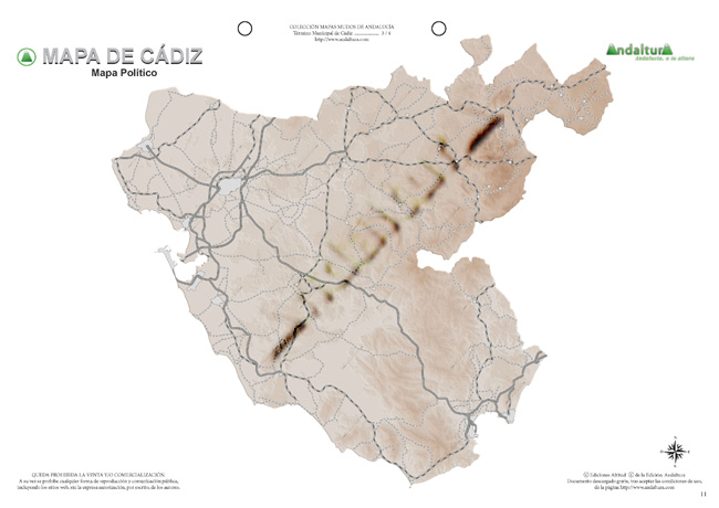 Mapa mudo de Cádiz - Mapa didáctico de Cádiz - Mapa mudo pueblos y carreteras Cádiz - Mapa político pueblos y carreteras Cádiz