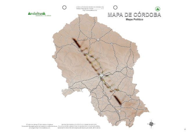 Mapa mudo de Córdoba - Mapa didáctico de Córdoba - Mapa mudo pueblos y carreteras Córdoba - Mapa político pueblos y carreteras Córdoba